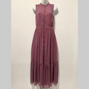 Banana Republic Mandarin collar Sleeveless Ruffle Maxi Dress in Red Pattern